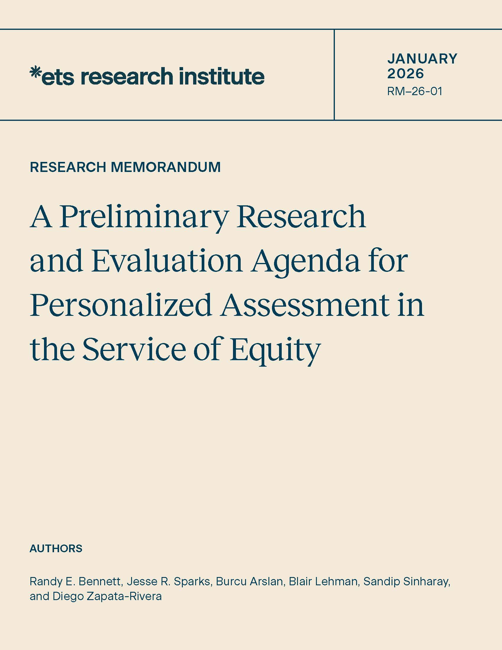 Cover of ETS Research Report Series No. RR-26-01, A Preliminary Research and Evaluation Agenda for Personalized Assessment in the Service of Equity